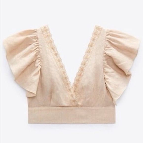 ZARA Boho Linen Ruffle Sleeve Crop Top S - Picture 1 of 15